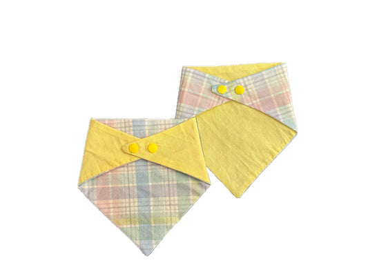 Pastel plaid and yellow reversible snap on dog bandana