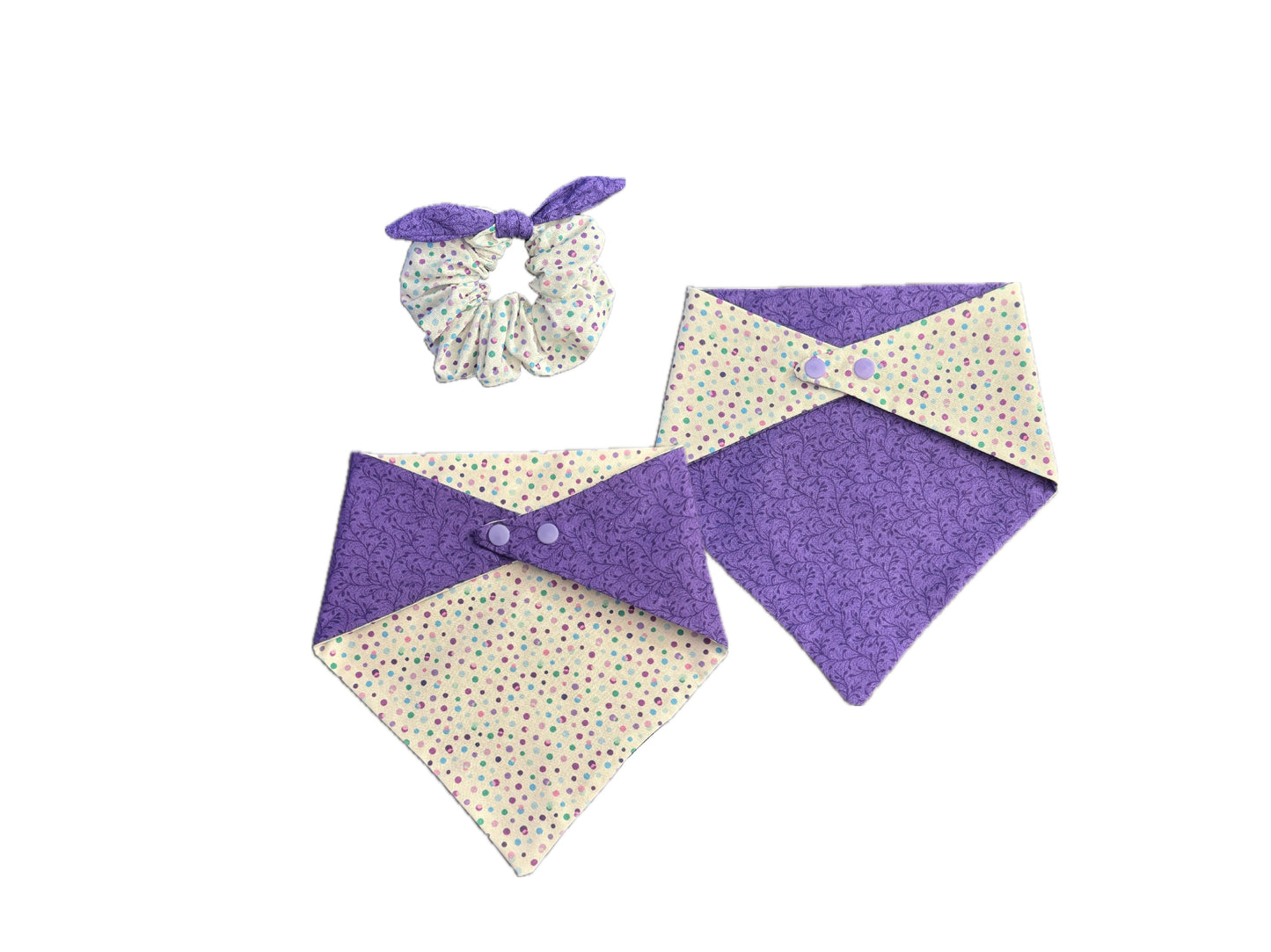 Purple polka dots reversible snap on dog bandana with matching scrunchie
