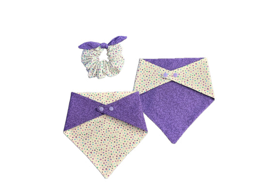 Purple polka dots reversible snap on dog bandana with matching scrunchie